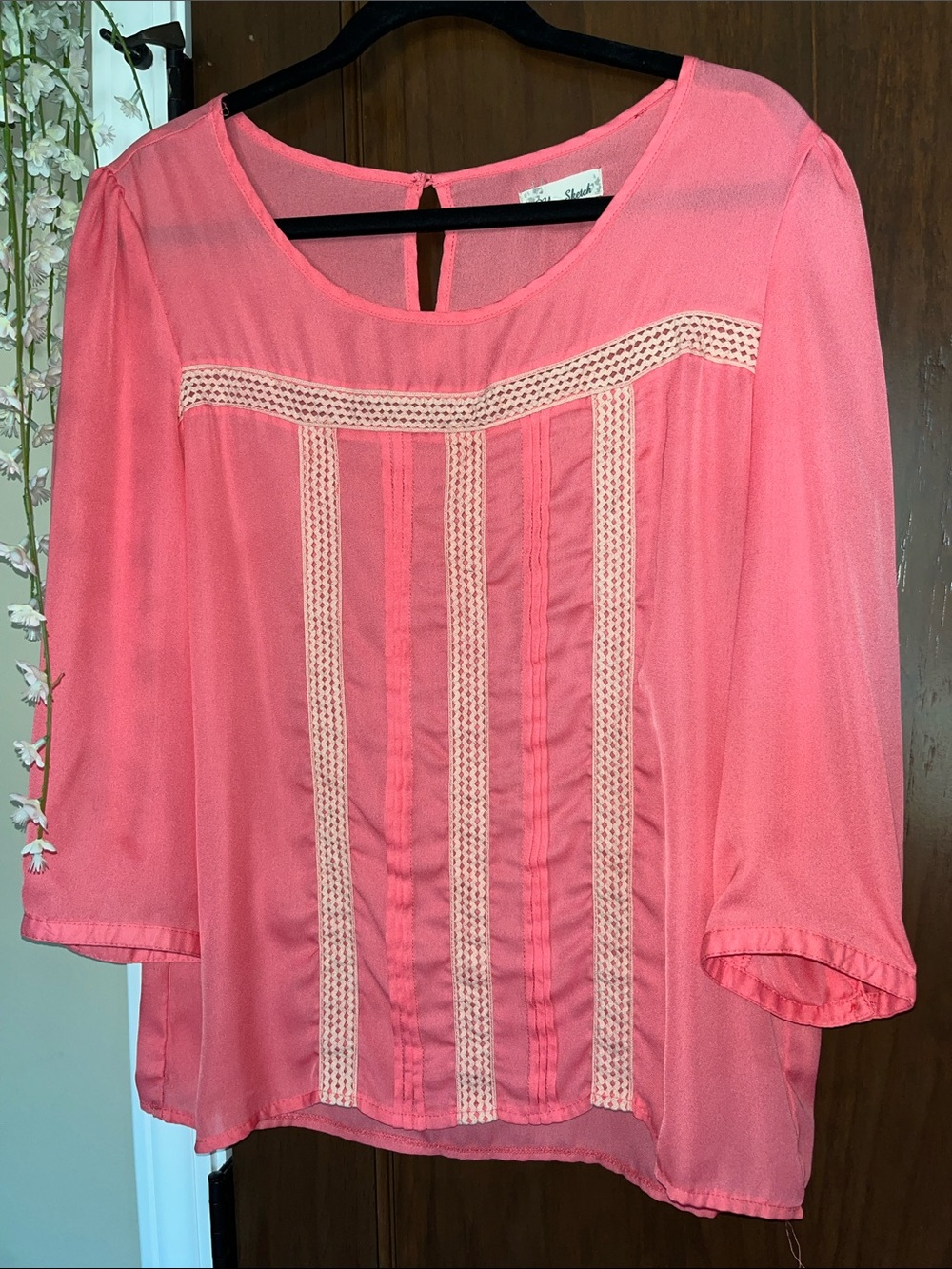 Coral Crochet-Trim Peasant Blouse
